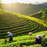 **

"A bustling coffee farm in Da Lat, Vietnam, with workers harvesting organic coffee beans. Focus on the lush green landscape and the natural, sustainable farming practices. Golden sunlight filtering through the trees. Happy workers."

**