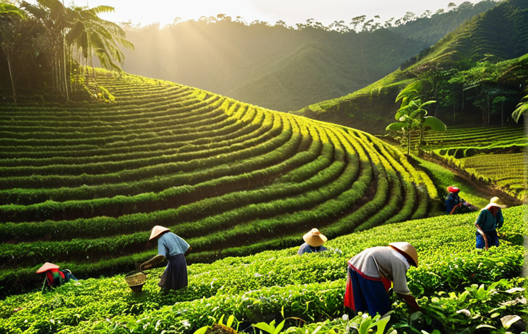 **
"A bustling coffee farm in Da Lat, Vietnam, with workers harvesting organic coffee beans. Focus on the lush green landscape and the natural, sustainable farming practices. Golden sunlight filtering through the trees. Happy workers."
**