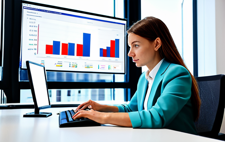 A focused professional woman, an expert in customer insights, wearing a crisp, modest business blazer and a professional blouse, fully clothed, appropriate attire. She is seated at a sleek, minimalist desk in a bright, modern office with large windows, looking intently at a sophisticated data visualization on a large monitor displaying abstract graphs and charts representing customer feedback and trends. Her hands are subtly interacting with a keyboard. The scene conveys deep analysis and understanding. perfect anatomy, correct proportions, natural pose, well-formed hands, proper finger count, natural body proportions, professional photography, sharp focus, high-resolution, vibrant colors, safe for work, appropriate content, fully clothed, professional, modest, family-friendly.