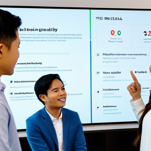 A diverse group of young Vietnamese professionals, fully clothed in modest business casual attire, engaging in a collaborative discussion around a large interactive digital screen displaying a captivating brand story and community engagement metrics. They are in a modern, well-lit co-working space with natural light. The atmosphere is innovative and positive, reflecting a focus on emotional connection and social responsibility in branding. Perfect anatomy, correct proportions, natural pose, well-formed hands, proper finger count, natural body proportions. Safe for work, appropriate content, fully clothed, professional.