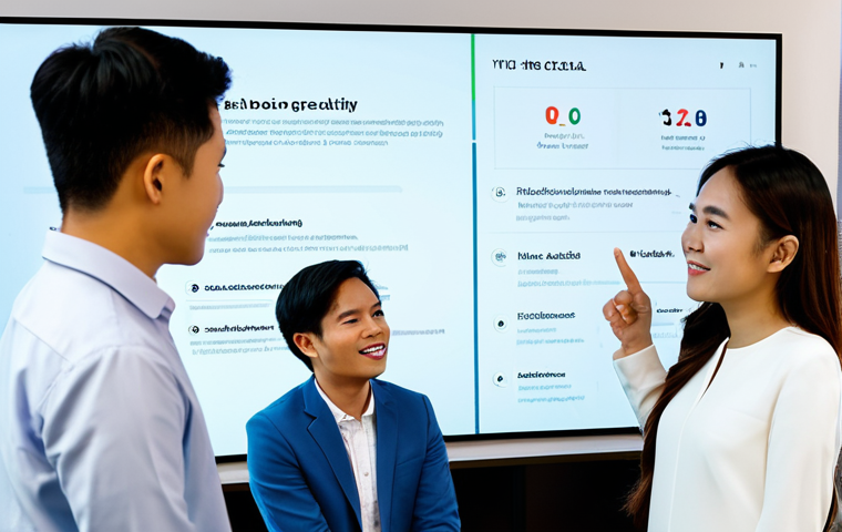 A diverse group of young Vietnamese professionals, fully clothed in modest business casual attire, engaging in a collaborative discussion around a large interactive digital screen displaying a captivating brand story and community engagement metrics. They are in a modern, well-lit co-working space with natural light. The atmosphere is innovative and positive, reflecting a focus on emotional connection and social responsibility in branding. Perfect anatomy, correct proportions, natural pose, well-formed hands, proper finger count, natural body proportions. Safe for work, appropriate content, fully clothed, professional.