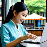 **

"A friendly Vietnamese businesswoman in ao dai, working on a laptop at a modern cafe in Hanoi, fully clothed, appropriate attire, safe for work, perfect anatomy, natural pose, professional photograph, high quality."

**