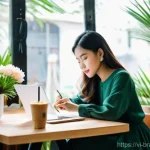 브랜드 이미지와 콘텐츠의 일관성 유지하기 - A young Vietnamese female content creator, dressed in stylish yet modest everyday wear, sits comfort...