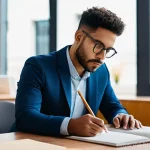 온라인 브랜드 보이스 구축하기 - **Prompt:** A thoughtful and introspective young professional, representing a nascent brand, sits at...