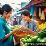 온라인 브랜드를 위한 다문화 전략 - A vibrant Vietnamese market scene showing diverse consumers shopping with focus on local currency do...