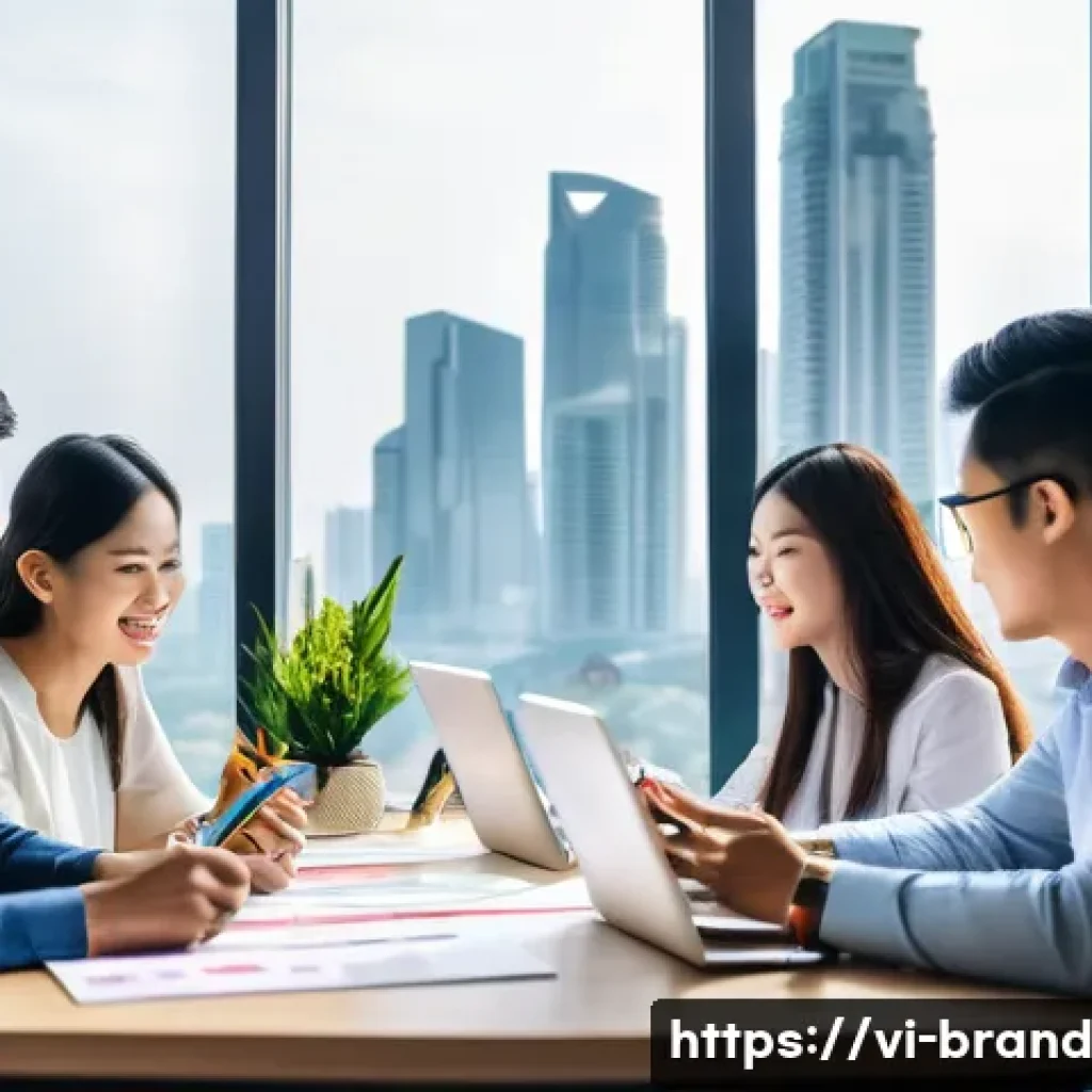 브랜드 가치 제안 만들기 위한 전략 - A modern Vietnamese marketing team in a bright, contemporary office space brainstorming brand value ...