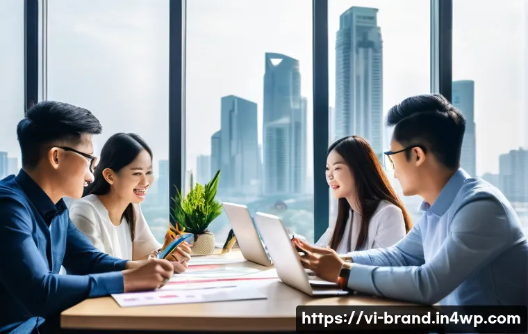 브랜드 가치 제안 만들기 위한 전략 - A modern Vietnamese marketing team in a bright, contemporary office space brainstorming brand value ...
