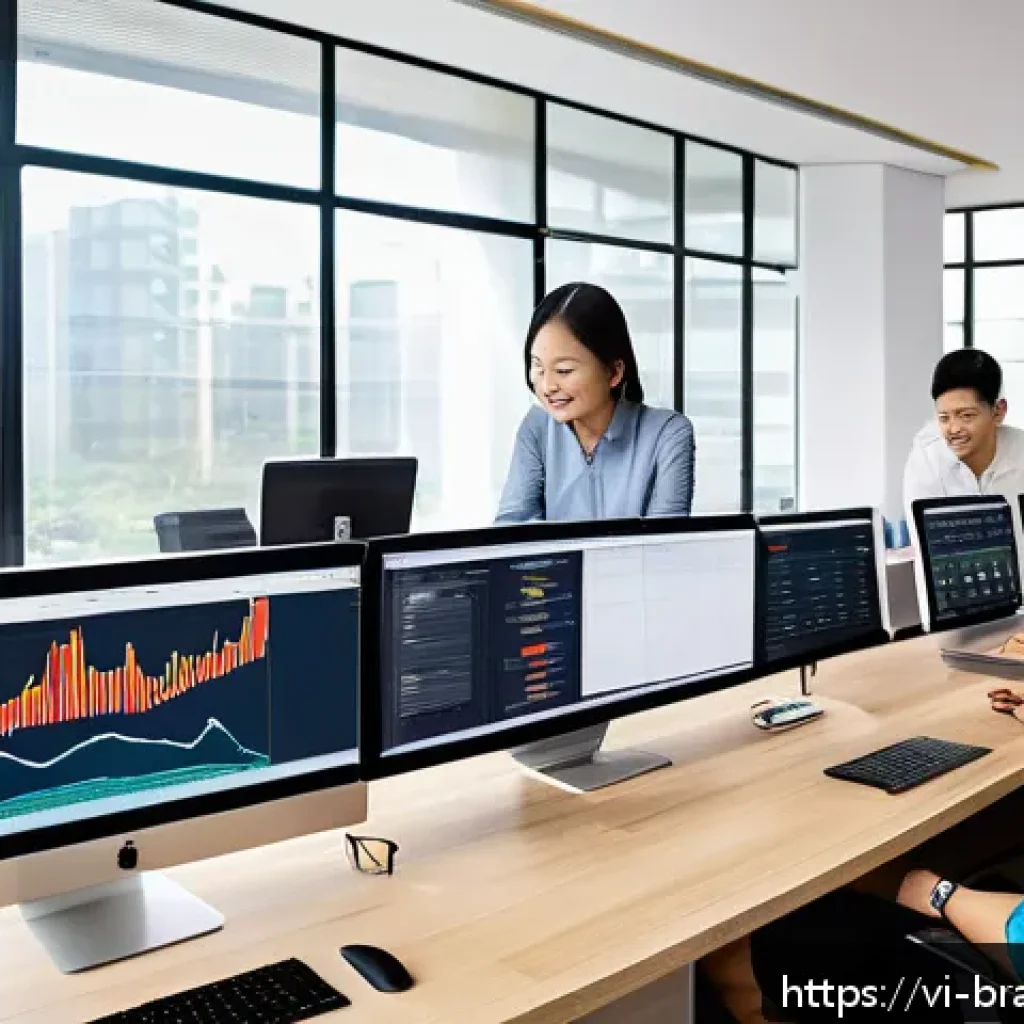 브랜드 충성도 강화를 위한 이메일 마케팅 방법 - A modern Vietnamese office scene showing a diverse team of marketing professionals analyzing custome...