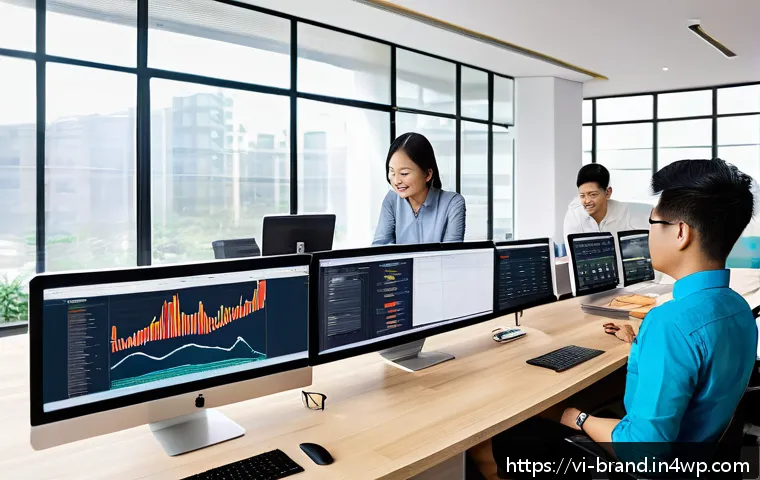 브랜드 충성도 강화를 위한 이메일 마케팅 방법 - A modern Vietnamese office scene showing a diverse team of marketing professionals analyzing custome...