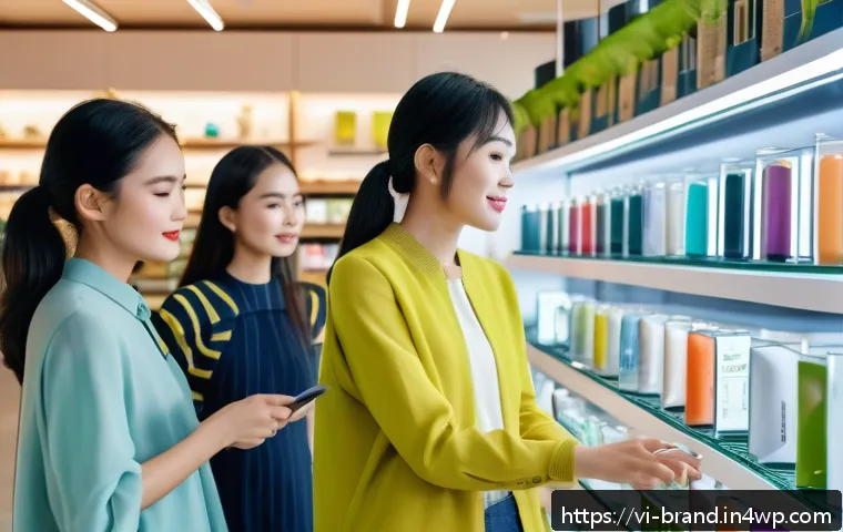 브랜드의 비즈니스 목표와 일치하는 전략 - A vibrant modern Vietnamese retail store interior showcasing sustainable fashion products prominentl...