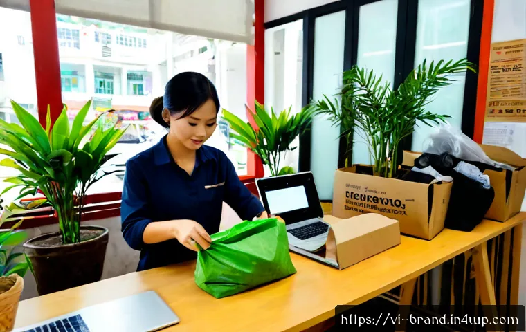 Home 17 온라인 브랜드의 지속 가능성 이슈 - Photorealistic Vietnamese small online retail business workspace in Ho Chi Minh City, a young shop o...